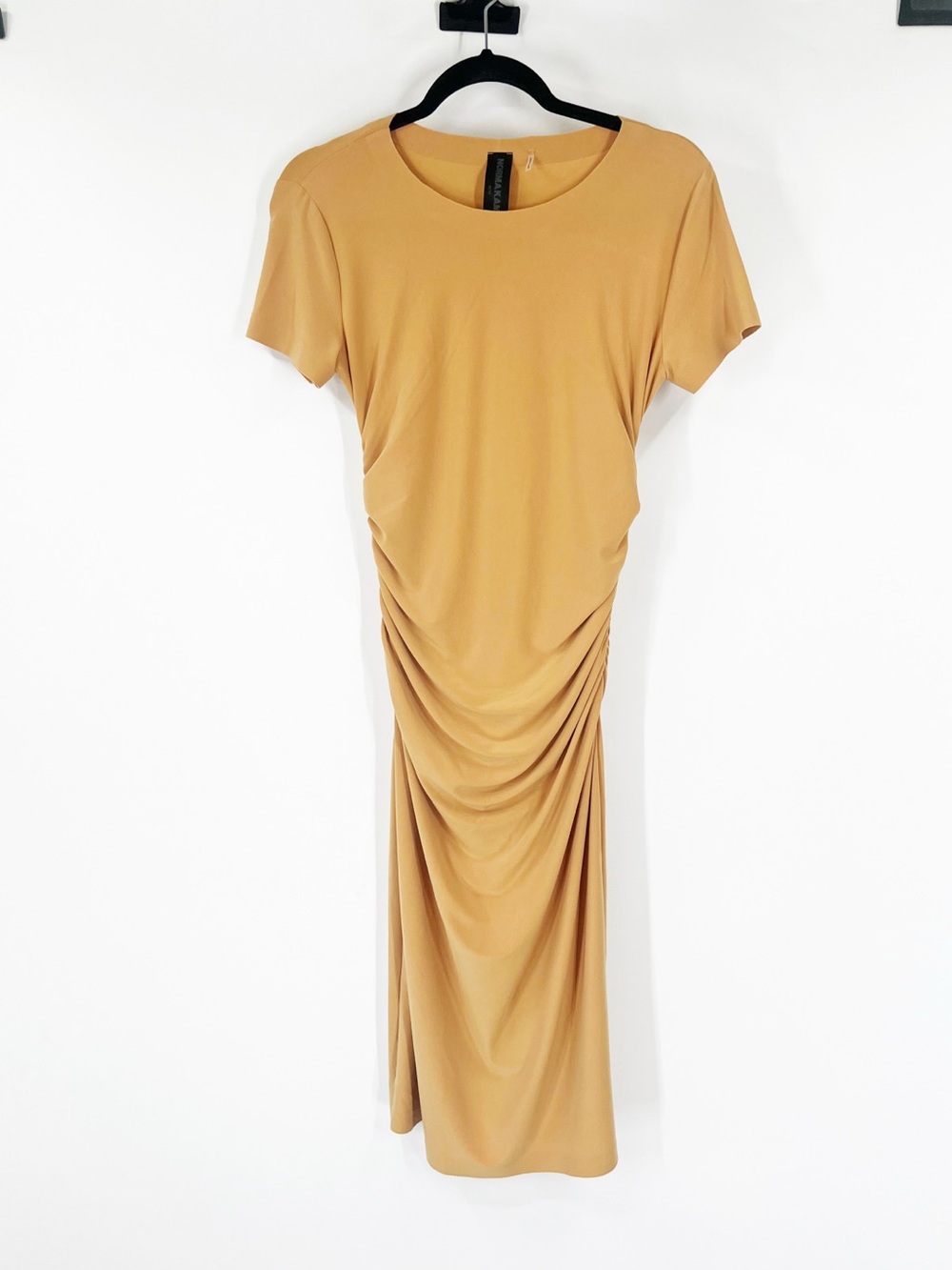 Norma Kamali Kulture Shirred Ruched Midi Dress Fitted Bodycon